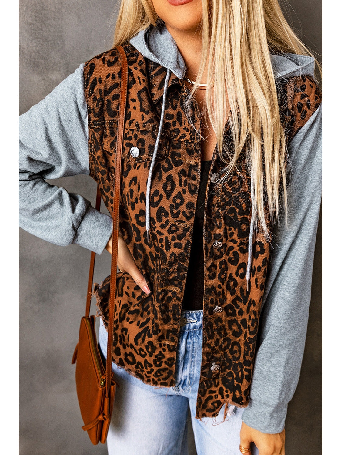 NicholesGifts Women Leopard Distressed Drawstring Hooded Denim Jacket NicholesGifts