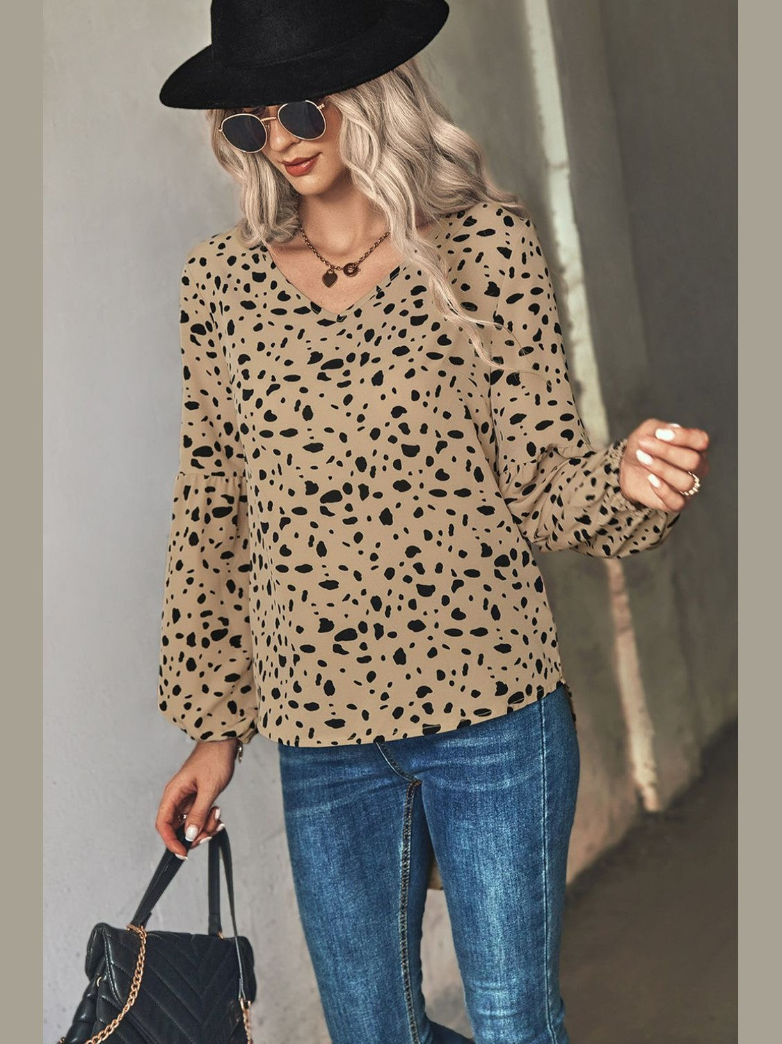 Animal Print V-Neck High-Low Blouse