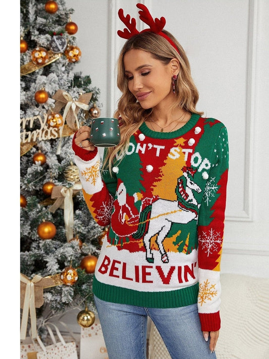 Women Printed Round Neck Long Sleeve Sweater