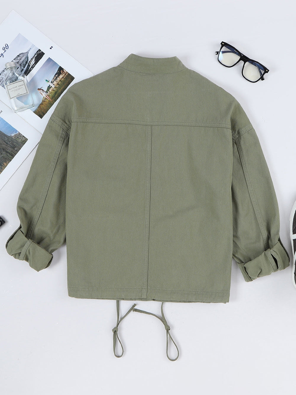Drawstring Snap Down Dropped Shoulder Denim Jacket NicholesGifts