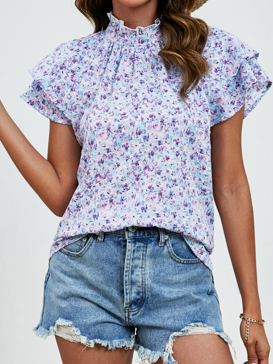 Ditsy Floral Mock Neck Flounce Sleeve Blouse NicholesGifts
