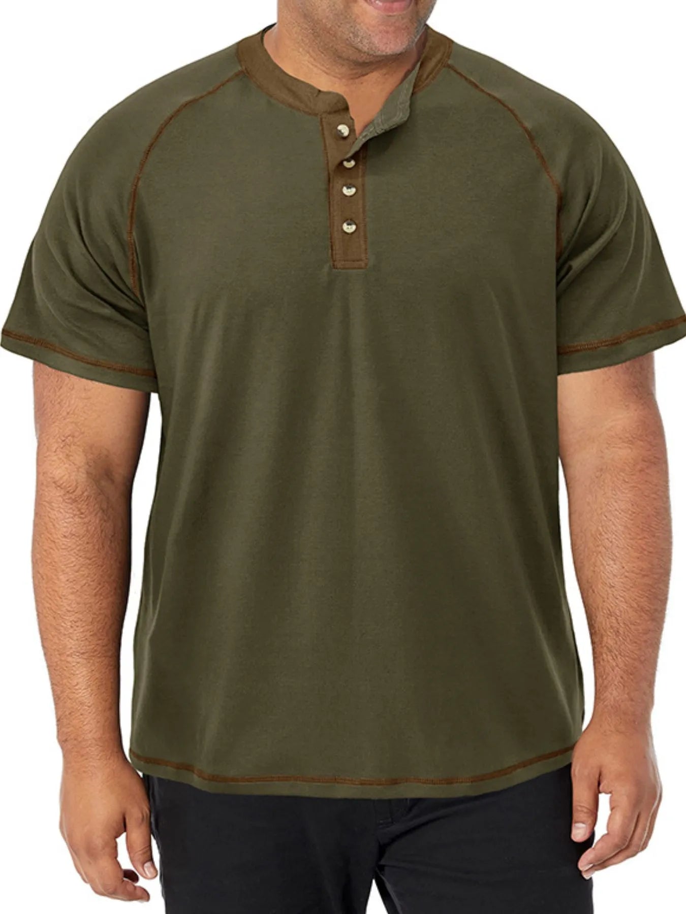 Men's Plus Size Contrast Stitch Henley Polo Shirt