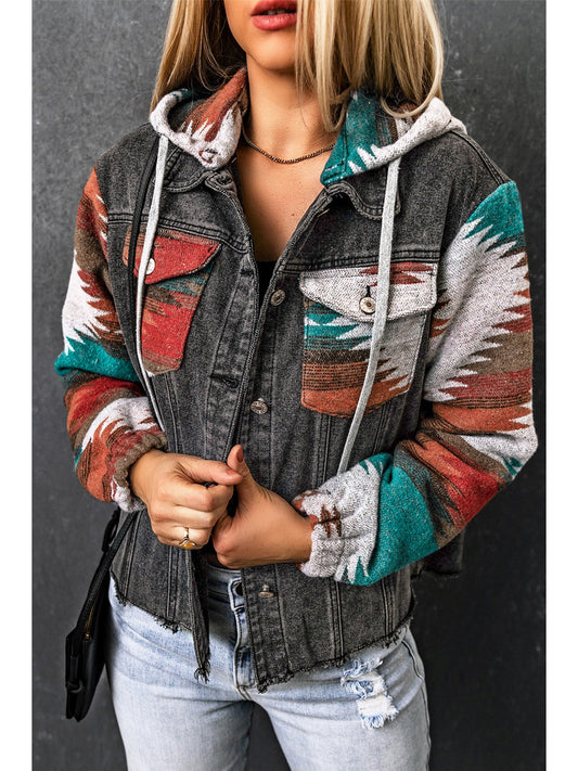 Women Drawstring Hooded Pocketed Denim Jacket NicholesGifts