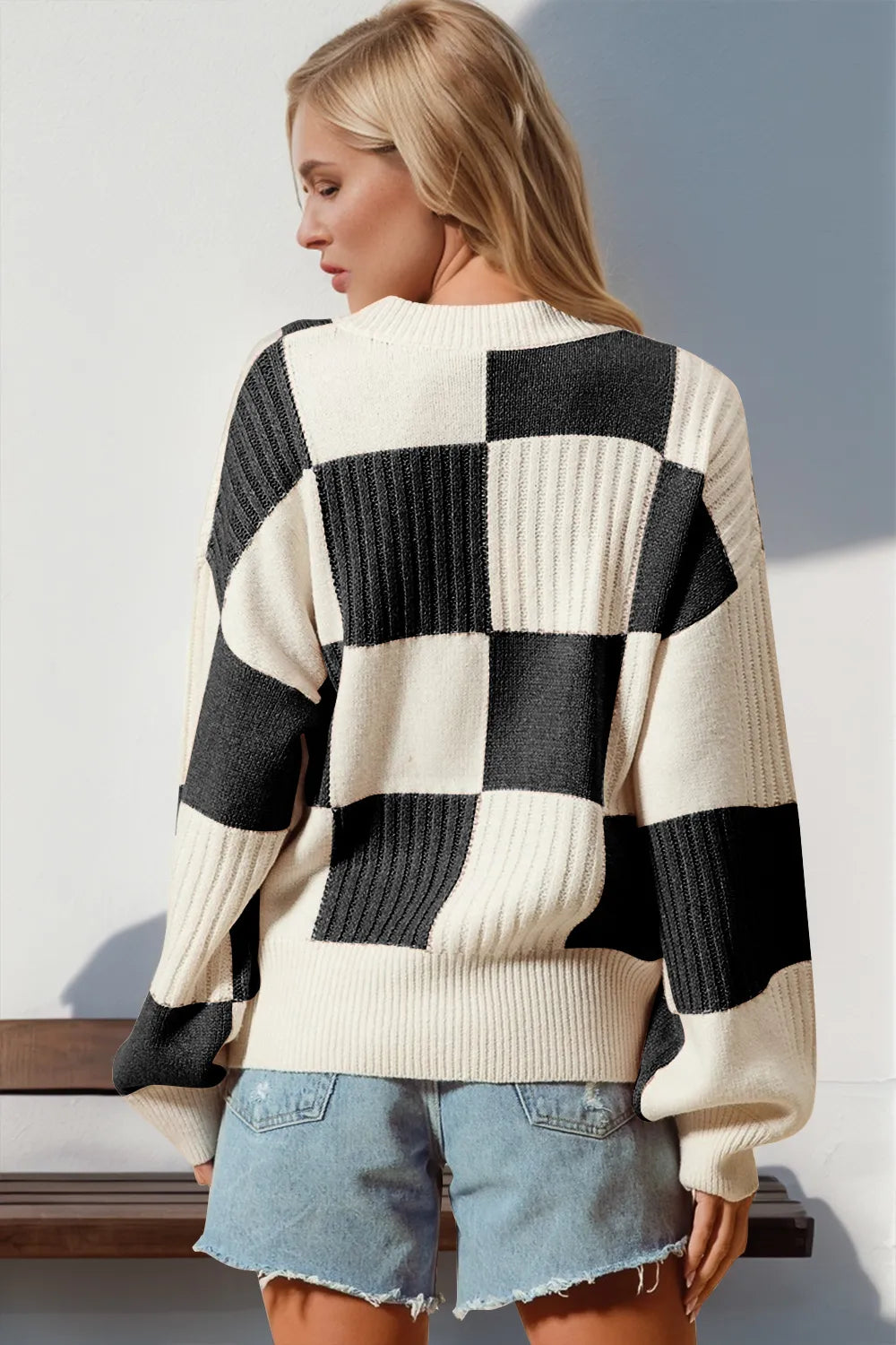 Double Take Full Size Checkered Dropped Shoulder Cardigan Trendsi