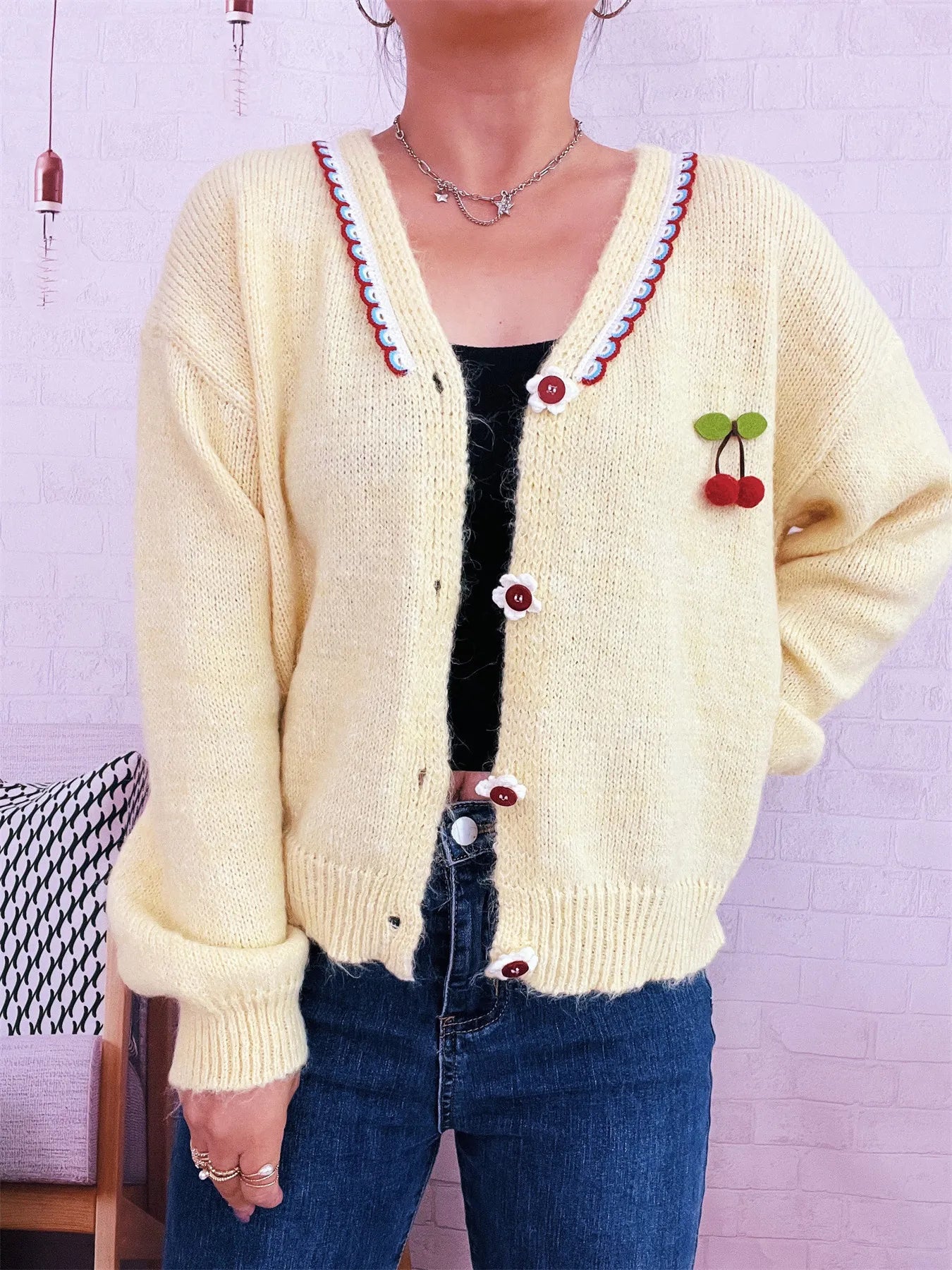 Cherry Button-Front Long Sleeve Cardigan