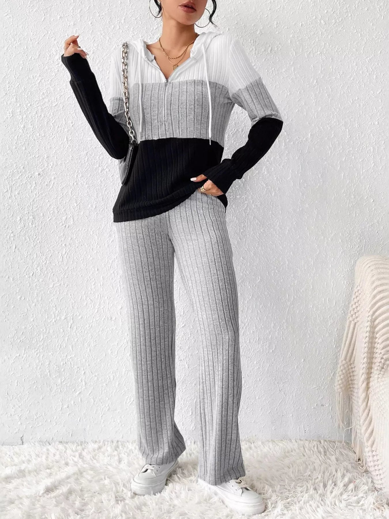 Women Color Block Half Zip Hooded Top and Pants Set NicholesGifts