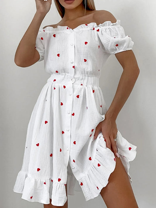 Heart Printed Off-Shoulder Ruffle Mini Dress NicholesGifts