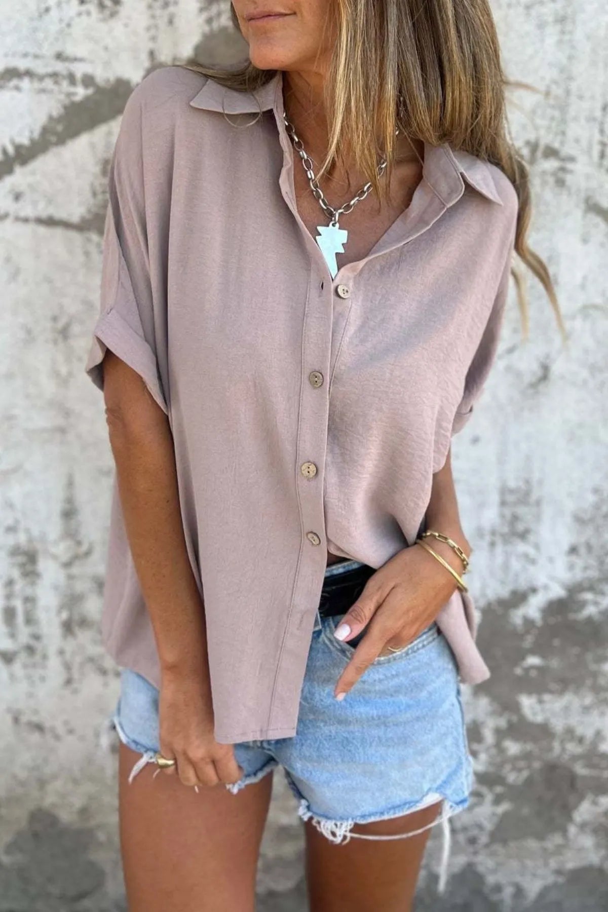 Full Size Casual Button Down Short Sleeve Loose Shirt Plus Size Trendsi
