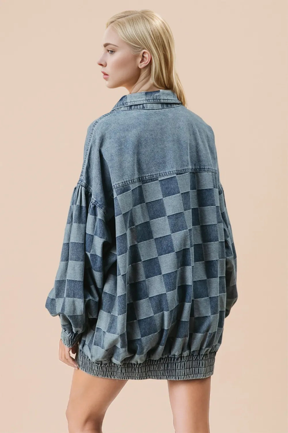 Double Take Checkered Button Up Denim Jacket Trendsi