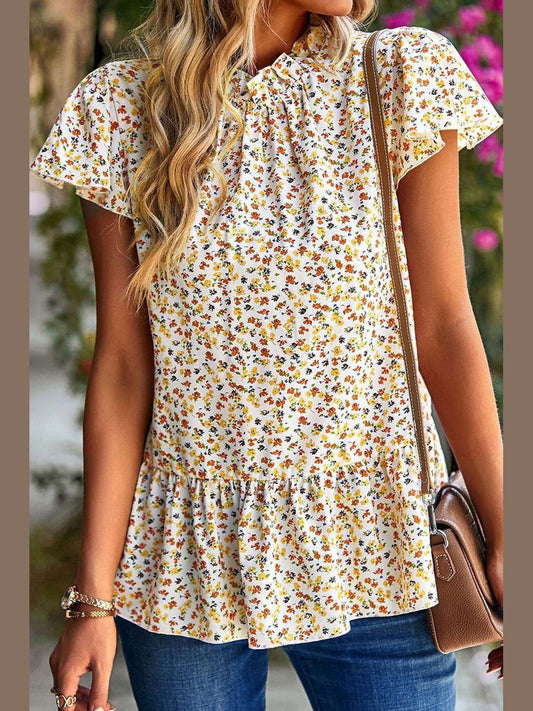 Women Ditsy Floral Peplum Short Sleeve Blouse