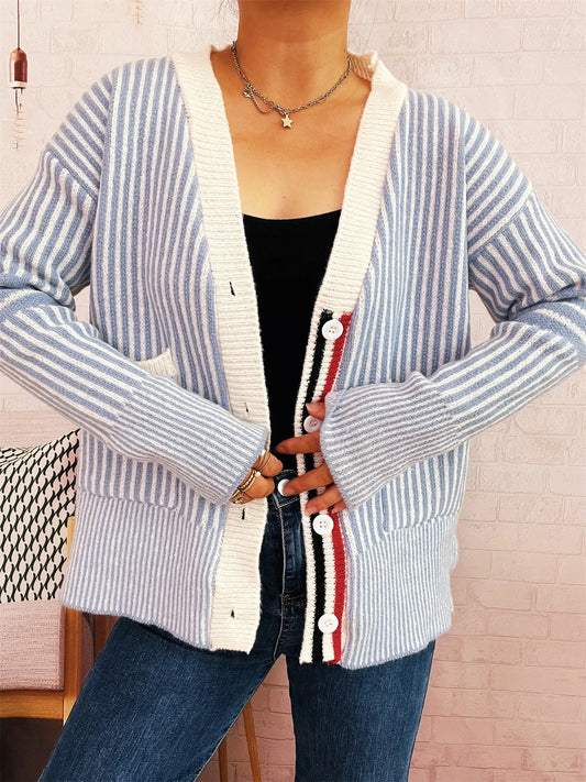 Striped Button-Front Cardigan with Contrast Trim