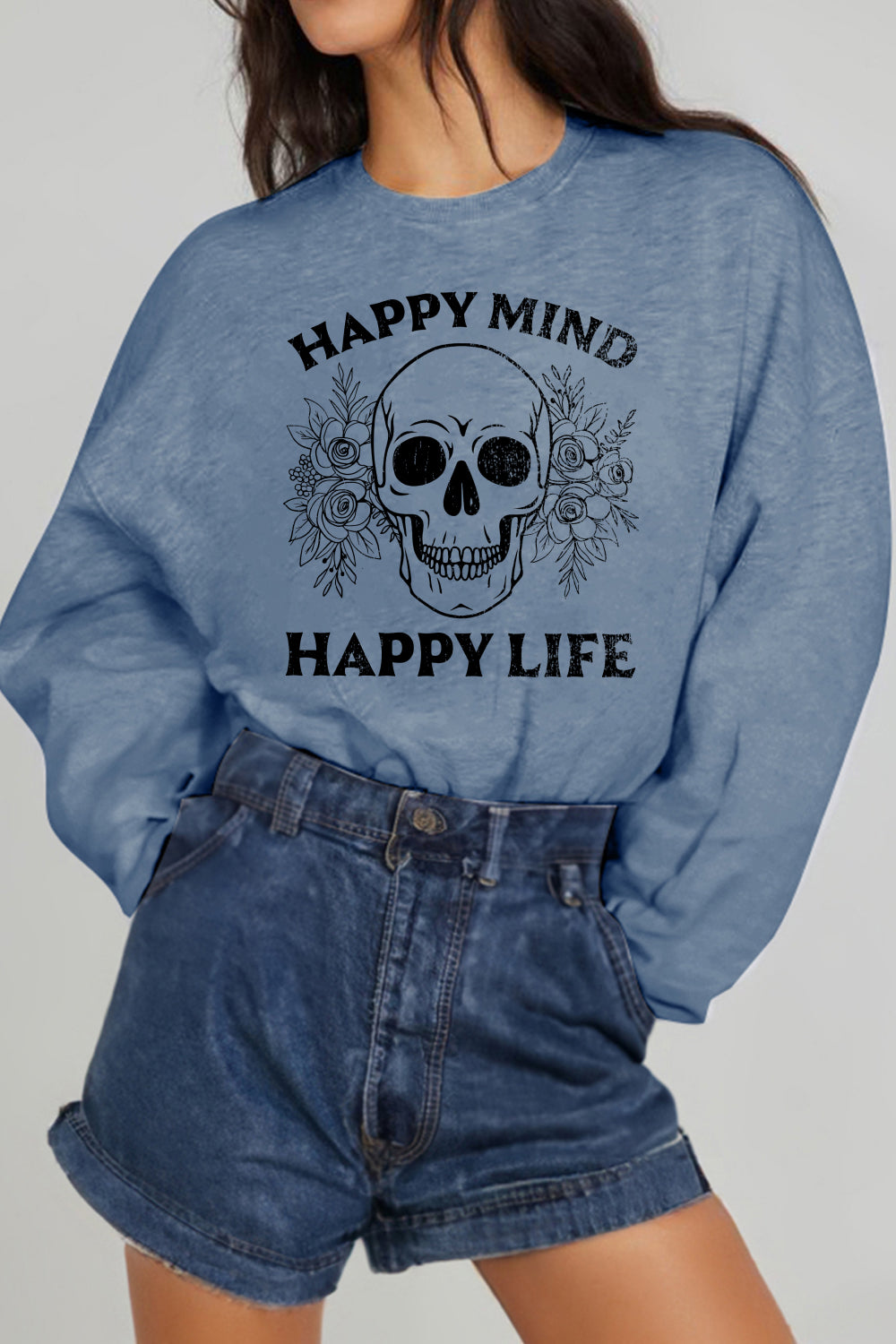Simply Love Simply Love Full Size HAPPY MIND HAPPY LIFE SKULL Graphic Sweatshirt NicholesGifts
