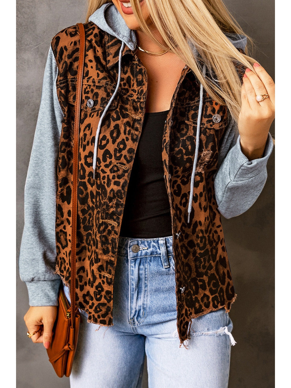 NicholesGifts Women Leopard Distressed Drawstring Hooded Denim Jacket NicholesGifts