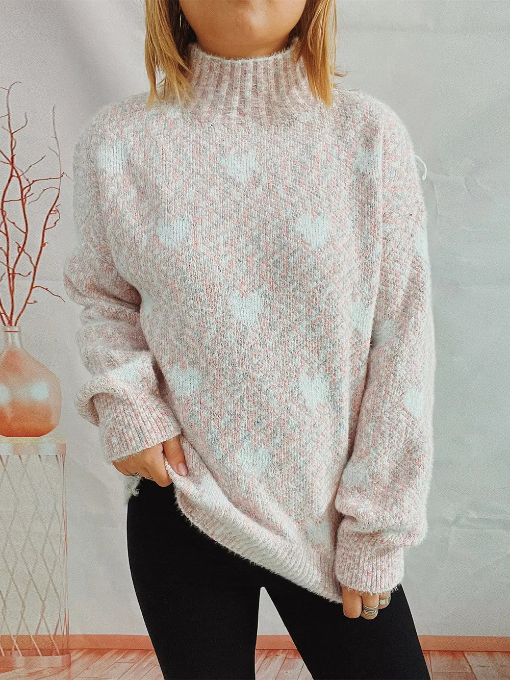 Heart Heathered Turtleneck Drop Shoulder Sweater Trendsi