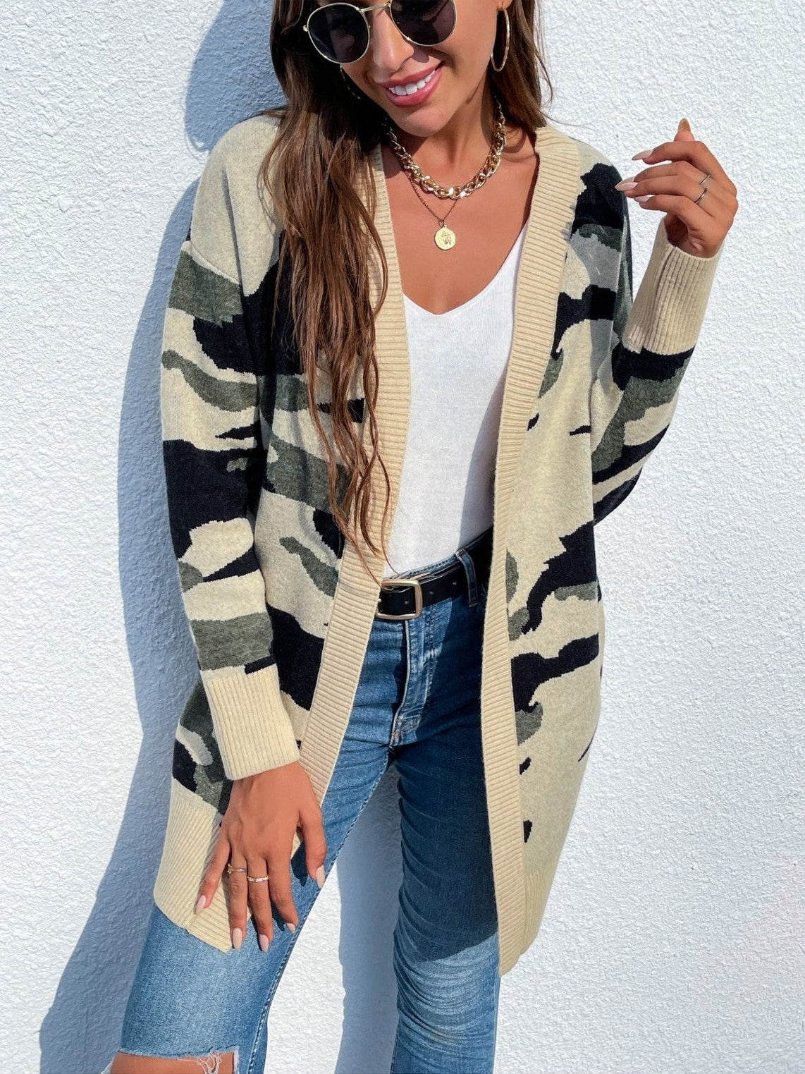 Women Camouflaged Dropped Shoulder Open Front Cardigan