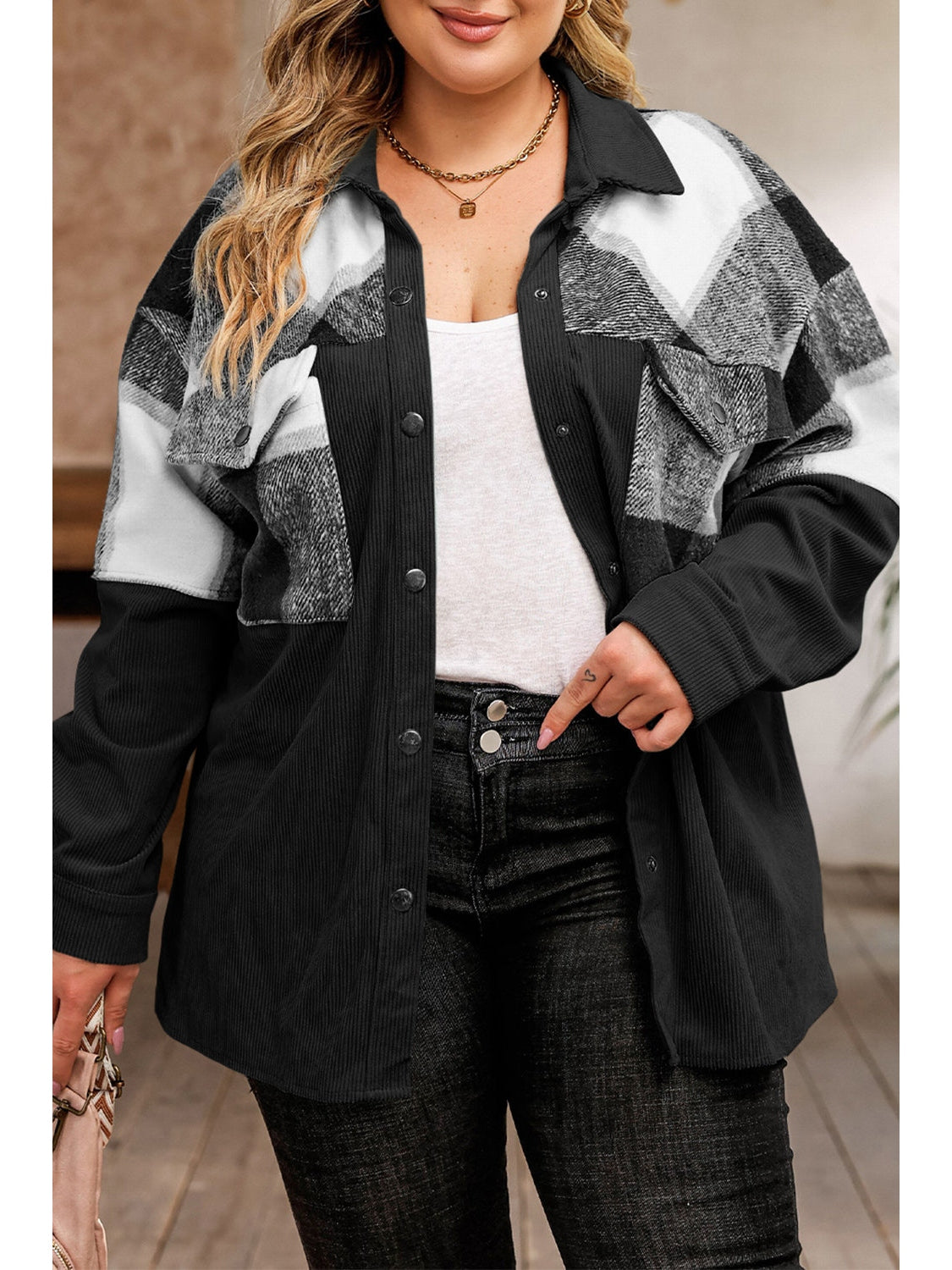 Plus Size Women Plaid Snap Down Jacket with Pockets NicholesGifts