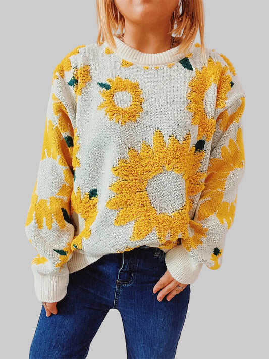 Women Sunflower Dropped Shoulder Long Sleeve Sweater nicholesgifts
