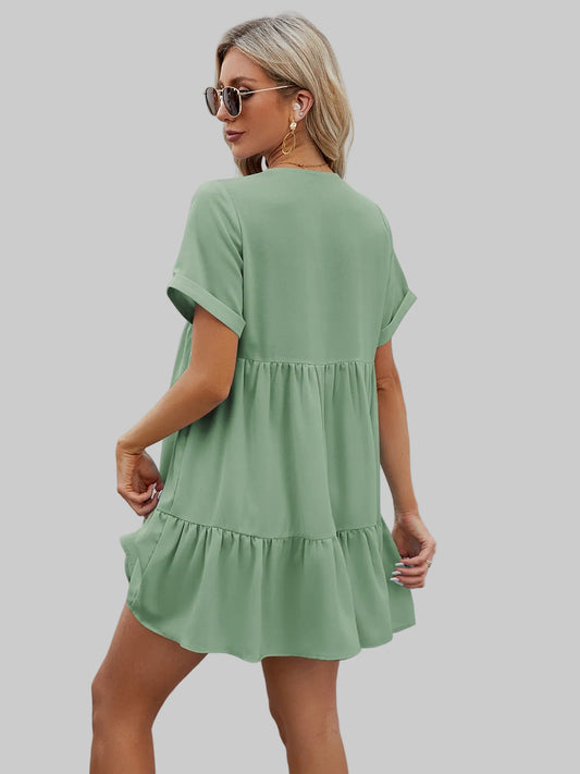 Women Ruched Tiered V-Neck Short Sleeve Mini Dress nicholesgifts