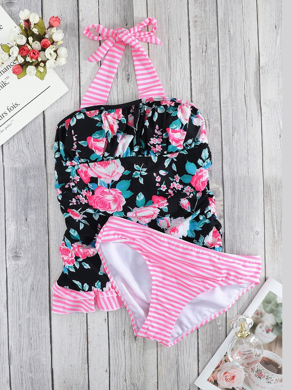 Women Mixed Print Tie-Back Two-Piece Swimsuit
