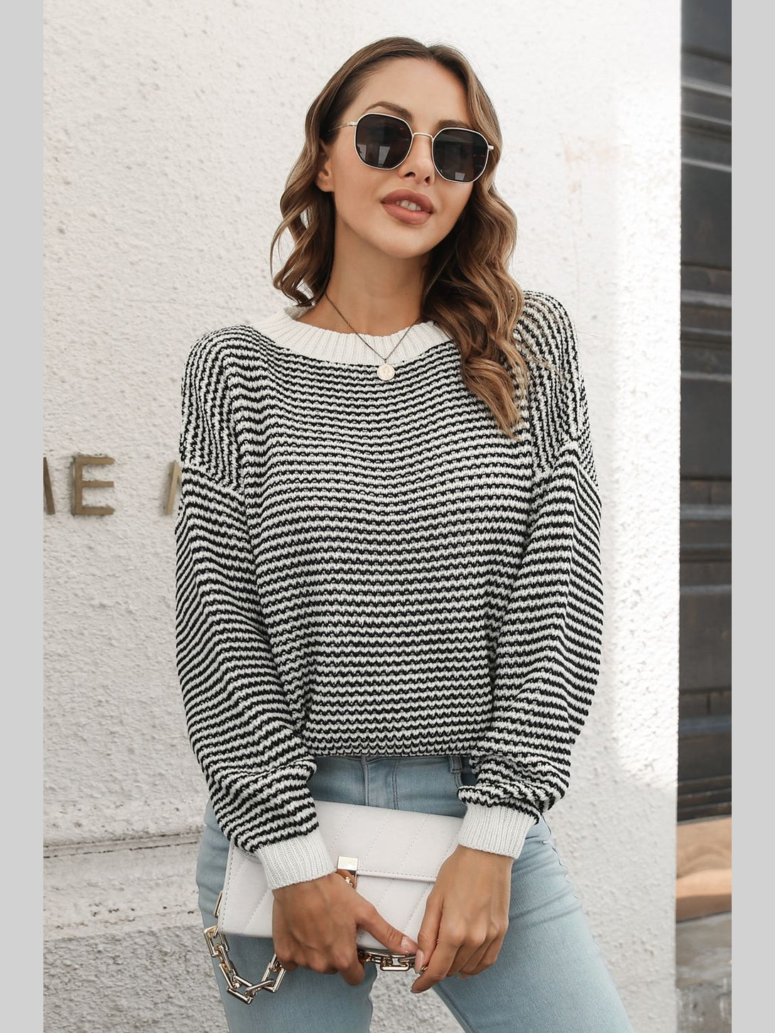Striped Round Neck Dropped Shoulder Sweater nicholesgifts