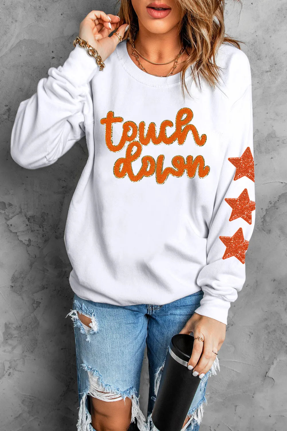 Letter & Star Round Neck Long Sleeve Sweatshirt NicholesGifts
