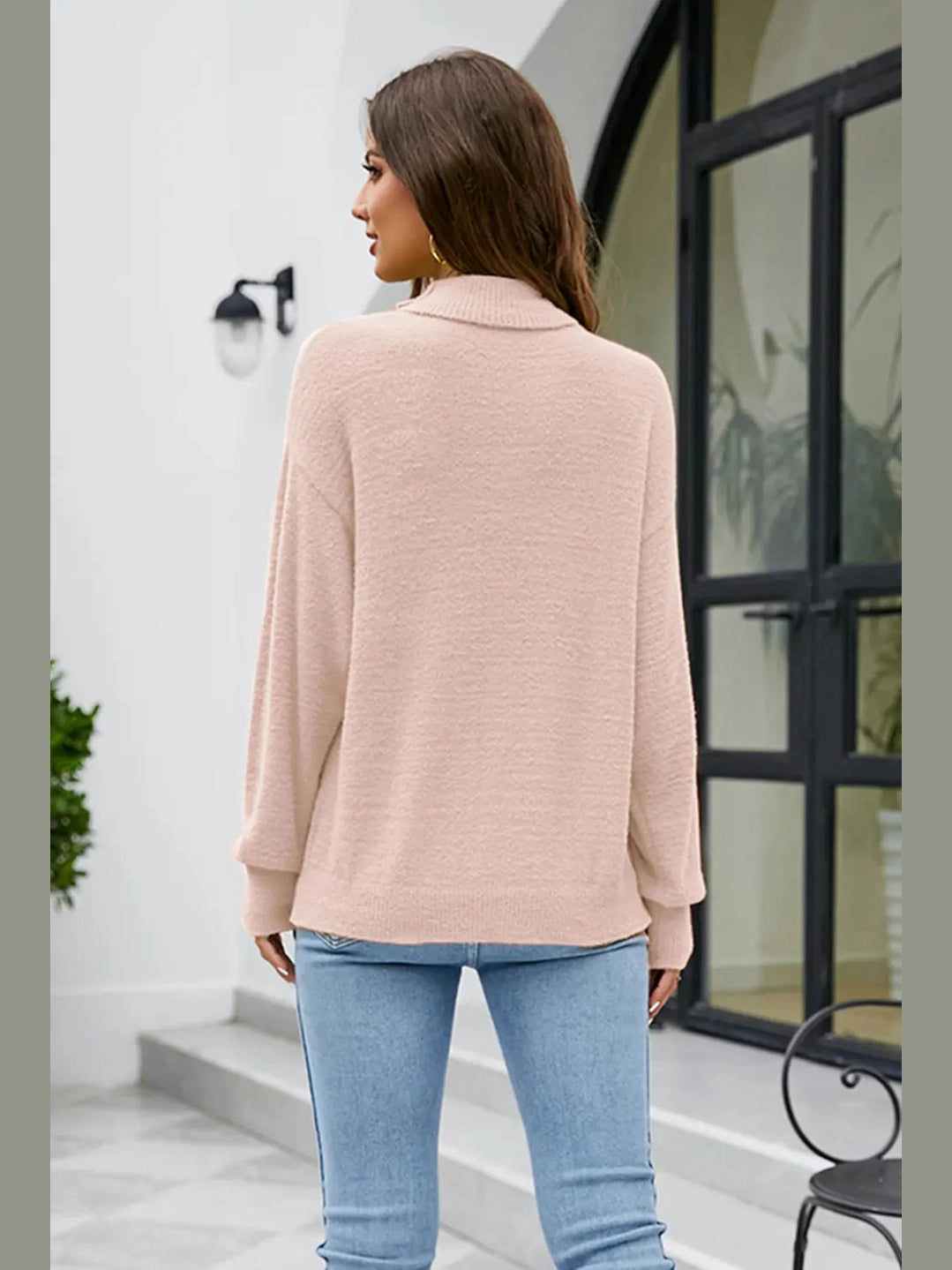 Mock Neck Dropped Shoulder Long Sleeve Sweater Trendsi