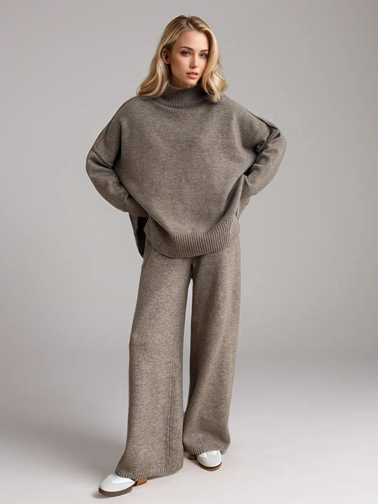 Slit Turtleneck Long Sleeve Top and Pants Sweater Set nicholesgifts