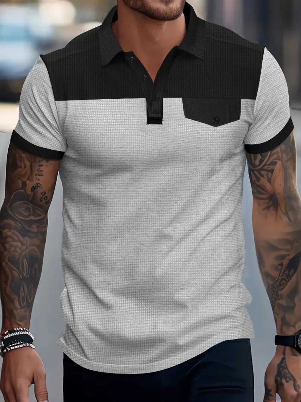 Men's Full Size Waffle-Knit Collared Contrast Polo Plus Size