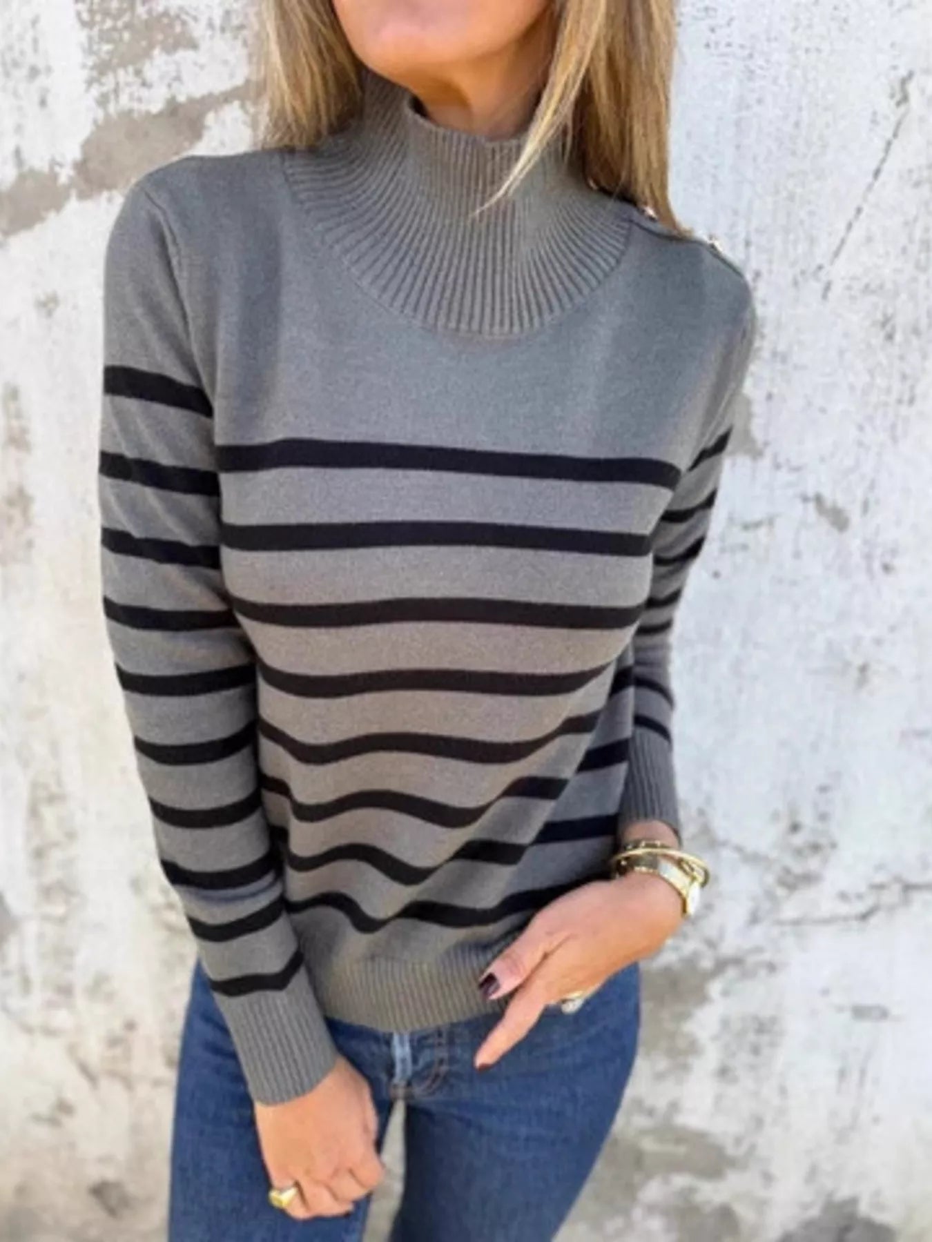 Full Size Striped Turtleneck Long Sleeve Sweater Plus Size Trendsi