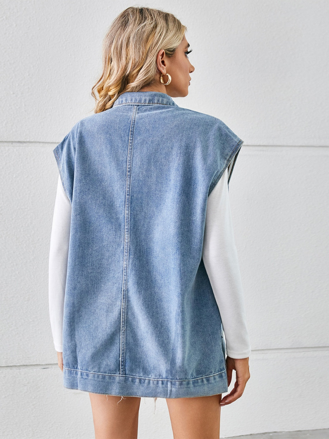 Pocketed Button Up Sleeveless Denim Jacket NicholesGifts