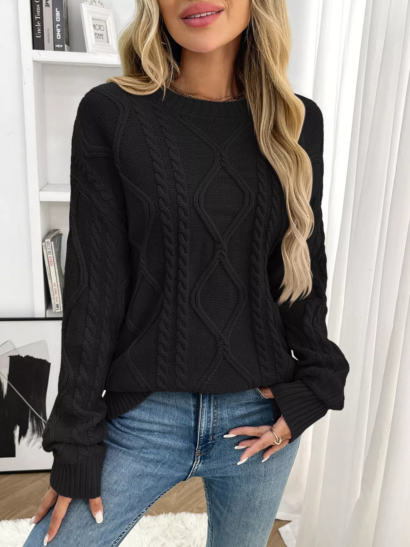Cable Knit Round Neck Long Sleeve Sweater Trendsi