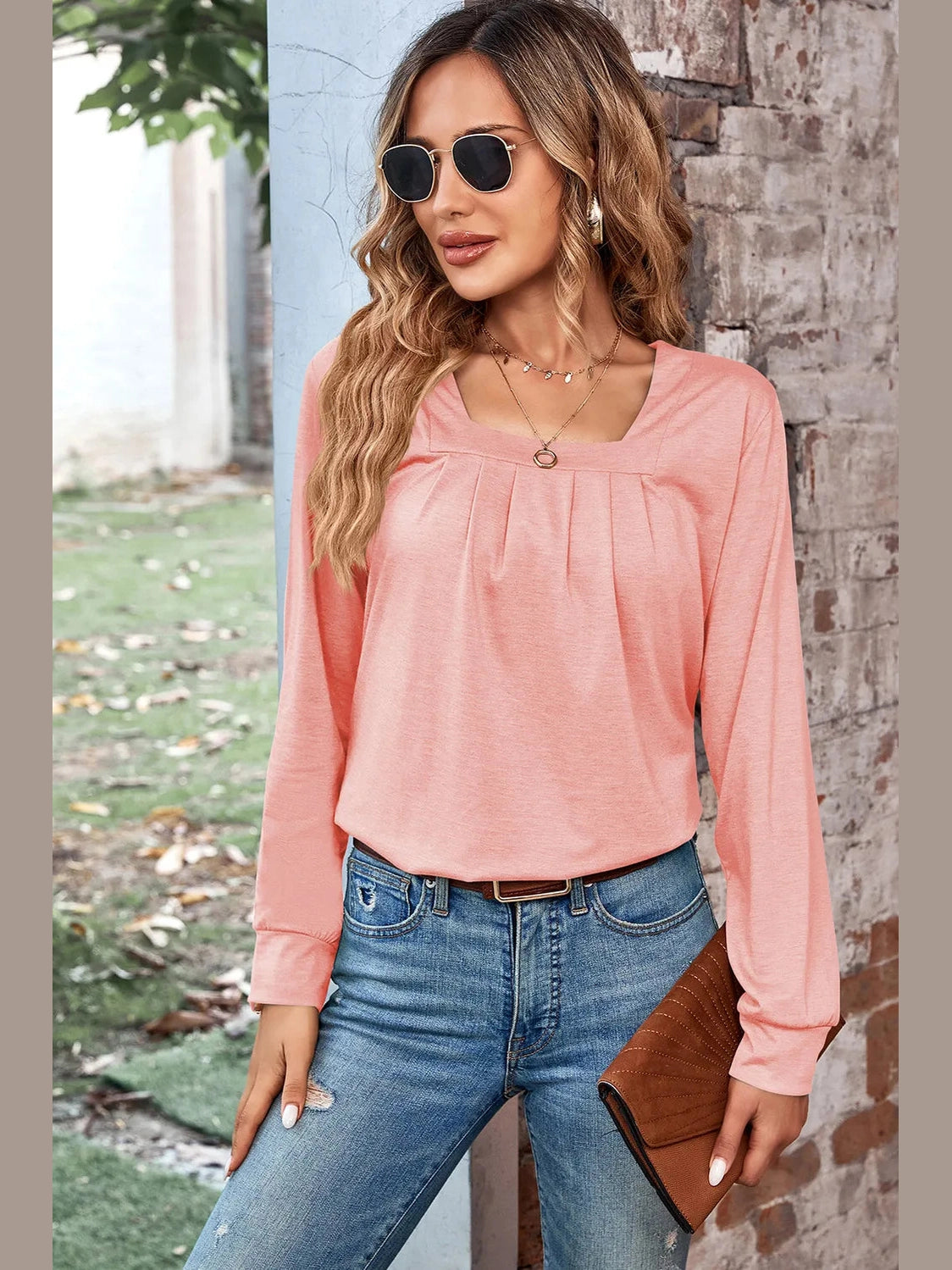 Ruched Square Neck Long Sleeve T-Shirt NicholesGifts