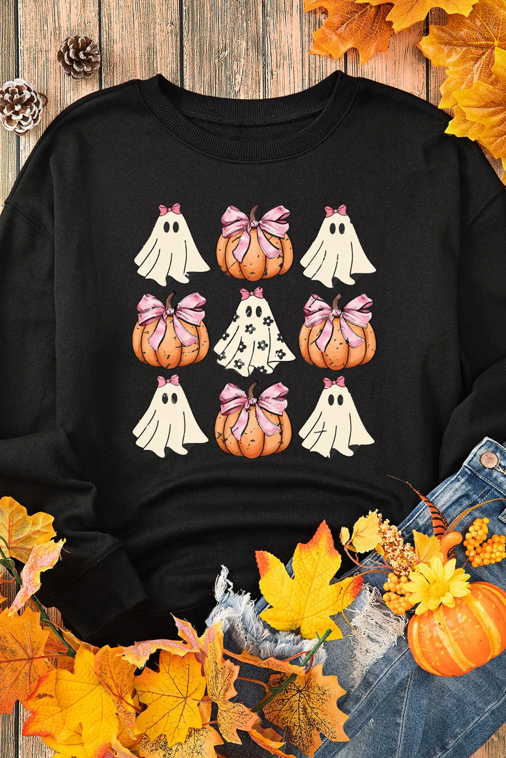 Pumpkin & Ghost Round Neck Long Sleeve Sweatshirt NicholesGifts