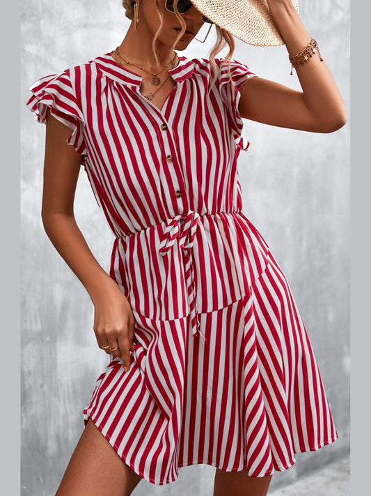 Women Ruffled Striped Cap Sleeve Mini Dress