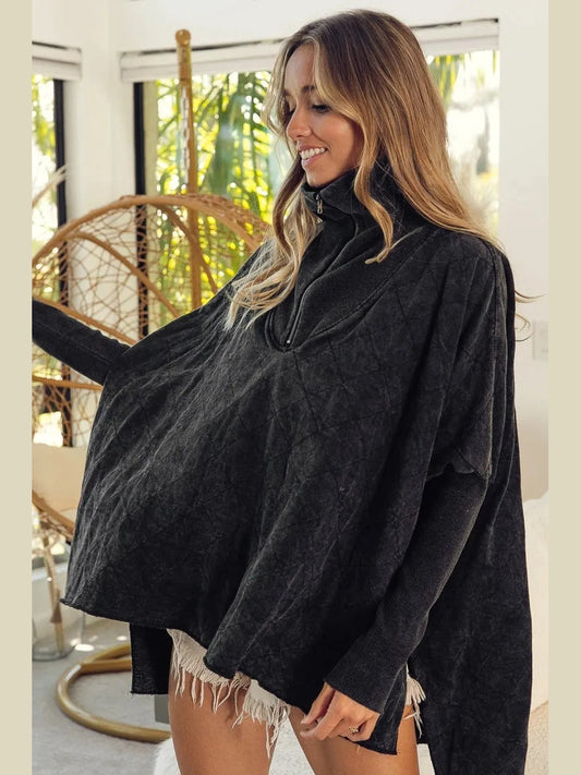 Women BiBi Vintage Washed Quilted Half Zip Long Sleeve Top nicholesgifts