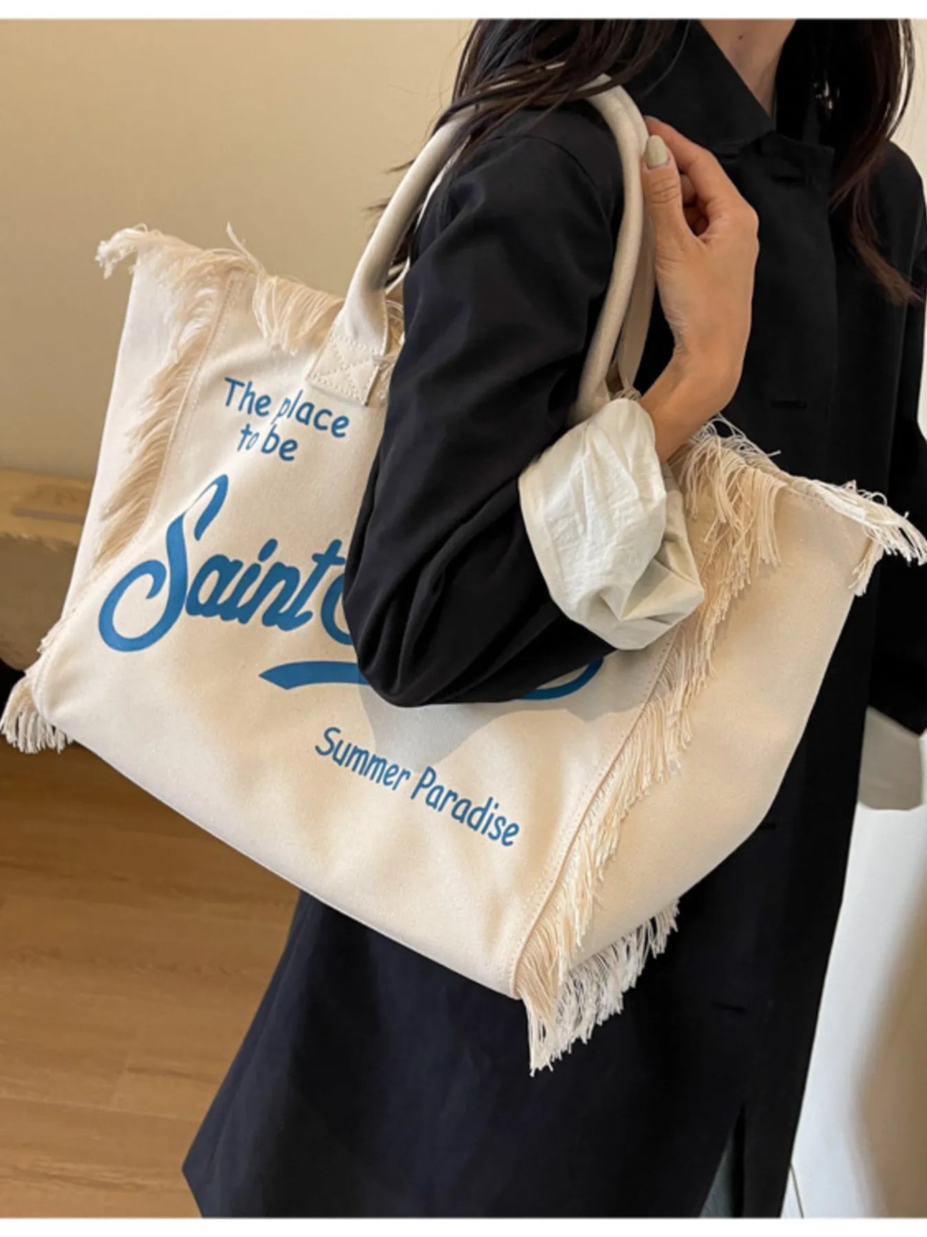 Fringe Letter Canvas Tote Bag Trendsi