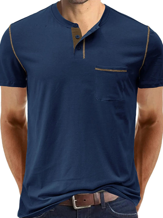 Men's Full Size Casual Henley T-Shirt with Contrast Stitching and Pocket Plus Size NicholesGifts