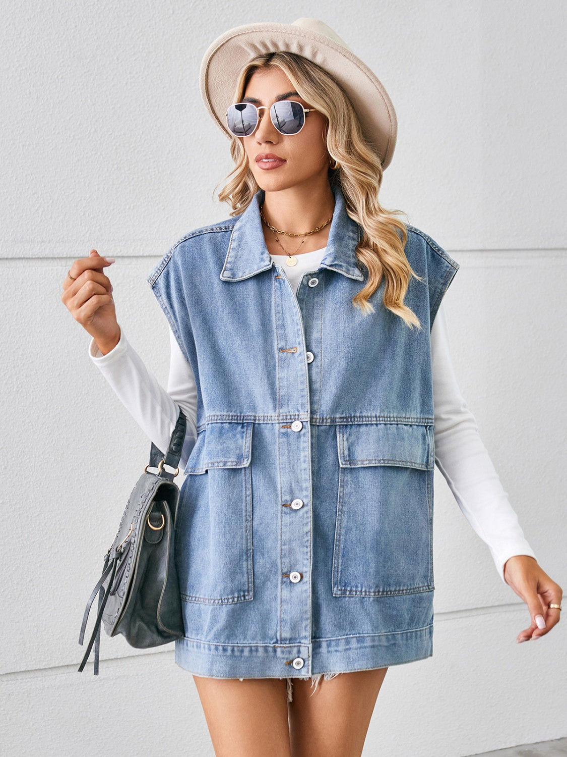 Pocketed Button Up Sleeveless Denim Jacket NicholesGifts