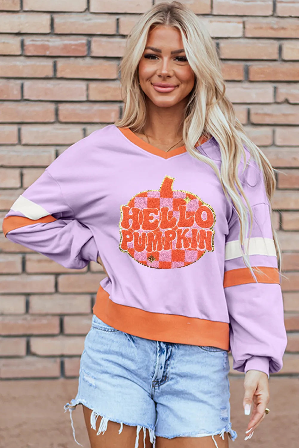 Women Contrast V-Neck Long Sleeve Lavender Colored Thanksgiving Sweatshirt NicholesGifts