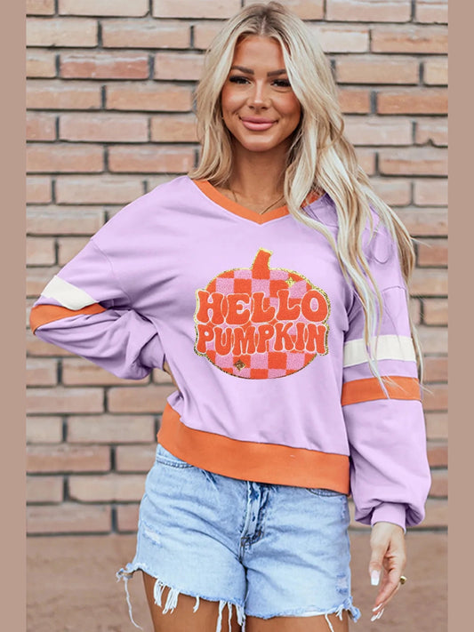 Women Contrast V-Neck Long Sleeve Lavender Colored Thanksgiving Sweatshirt