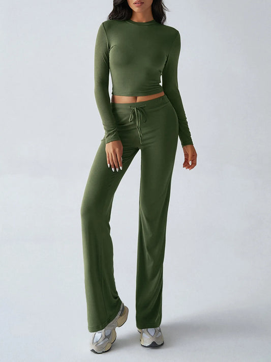 Round Neck Long Sleeve Top and Pants Set nicholesgifts