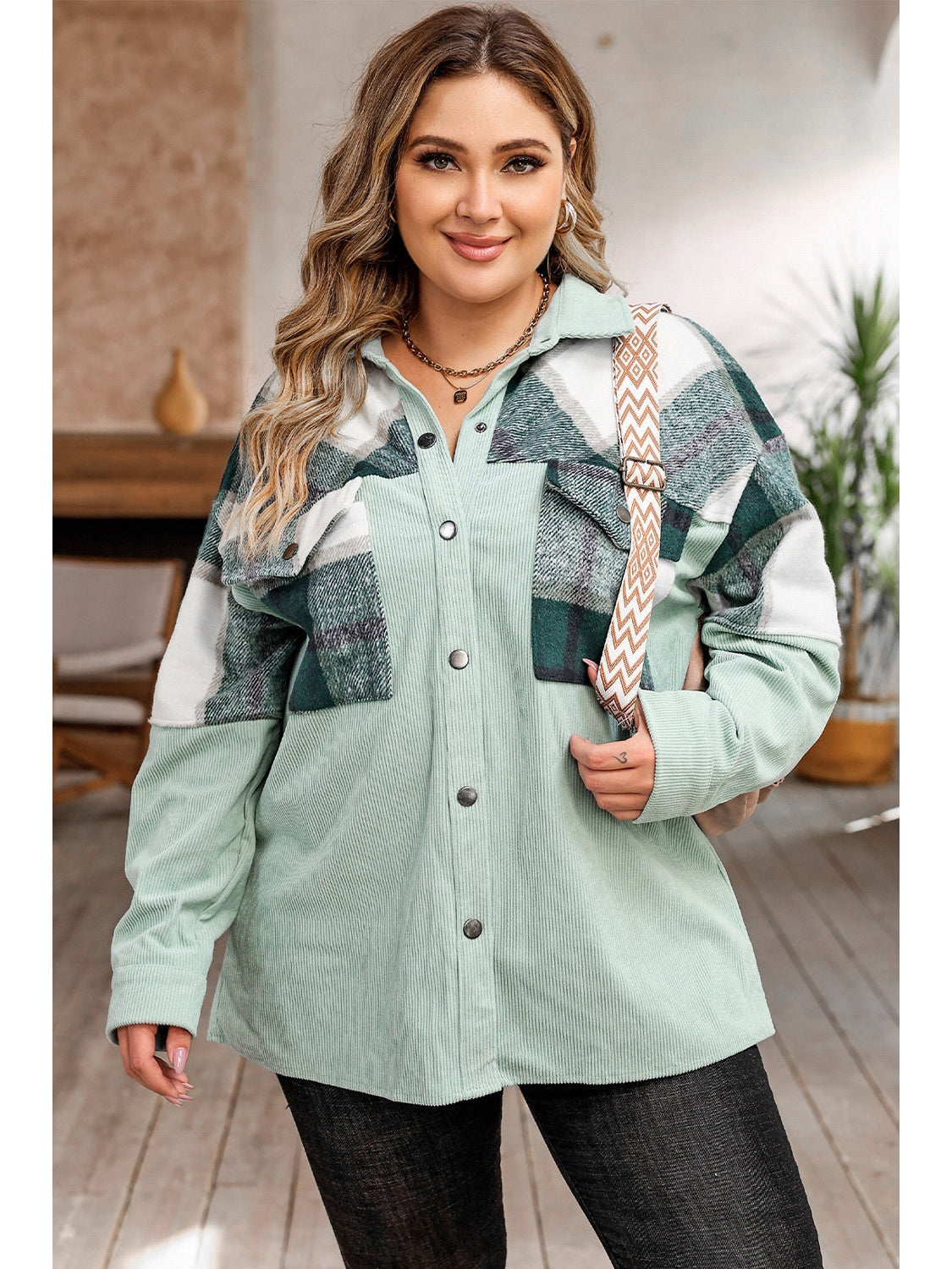 Plus Size Women Plaid Snap Down Jacket with Pockets NicholesGifts