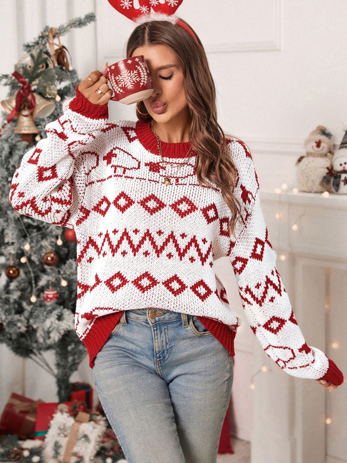 Perfee Contrast Geometric Round Neck Long Sleeve Sweater NicholesGifts