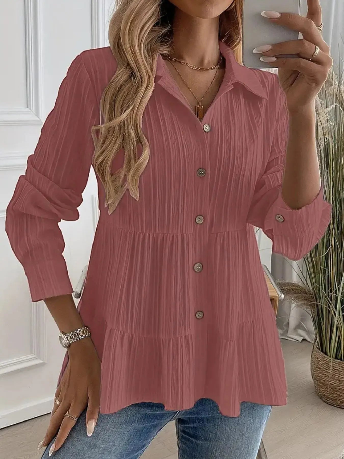 Women Striped Button-Down Tiered Shirt