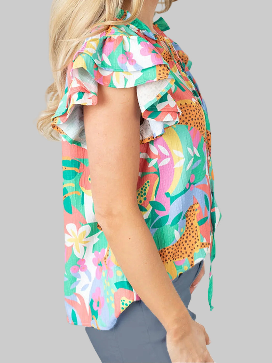Ruffled Printed Tie Neck Cap Sleeve Blouse nicholesgifts