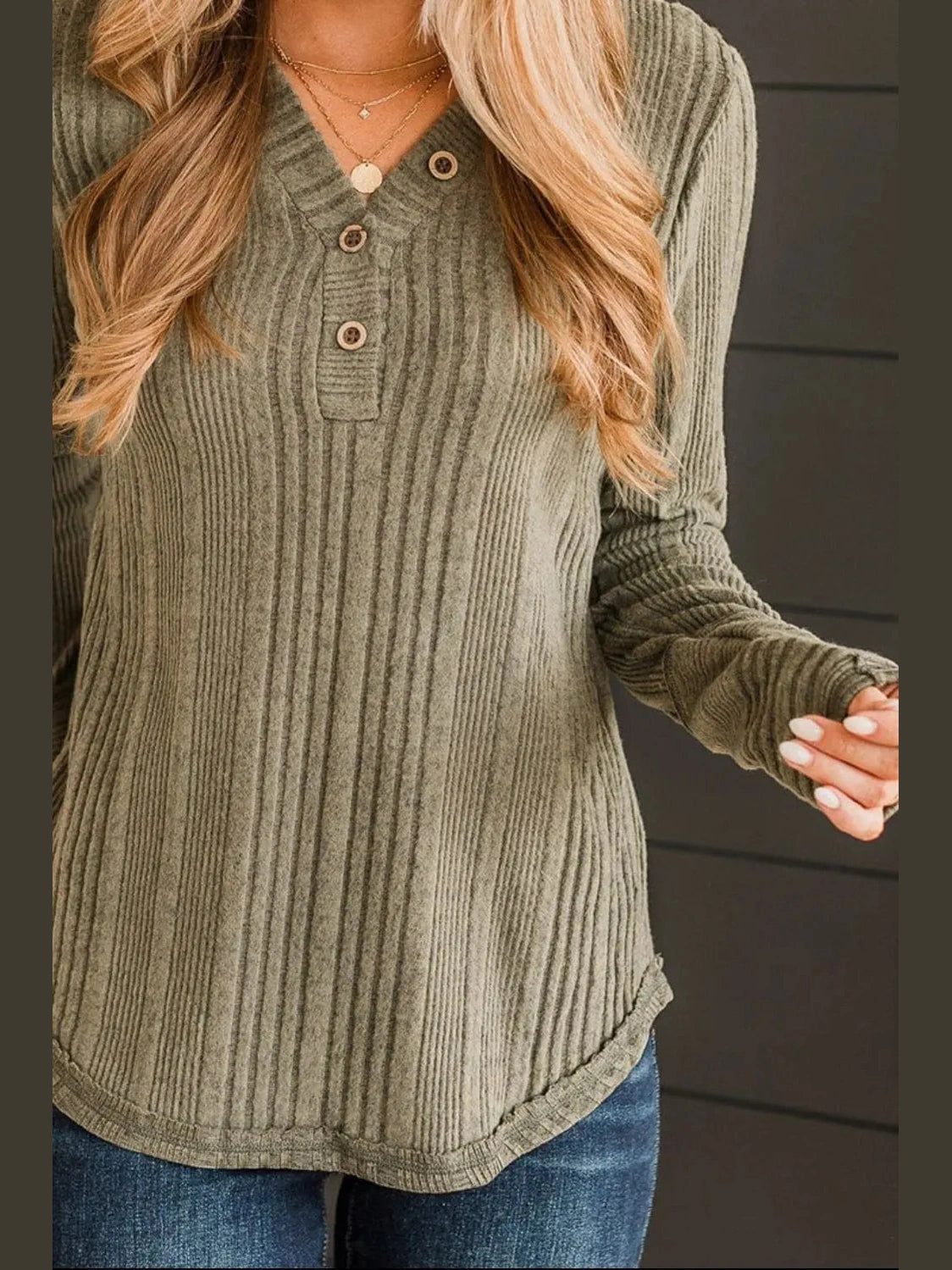 Ribbed Buttoned Long Sleeve Blouse NicholesGifts