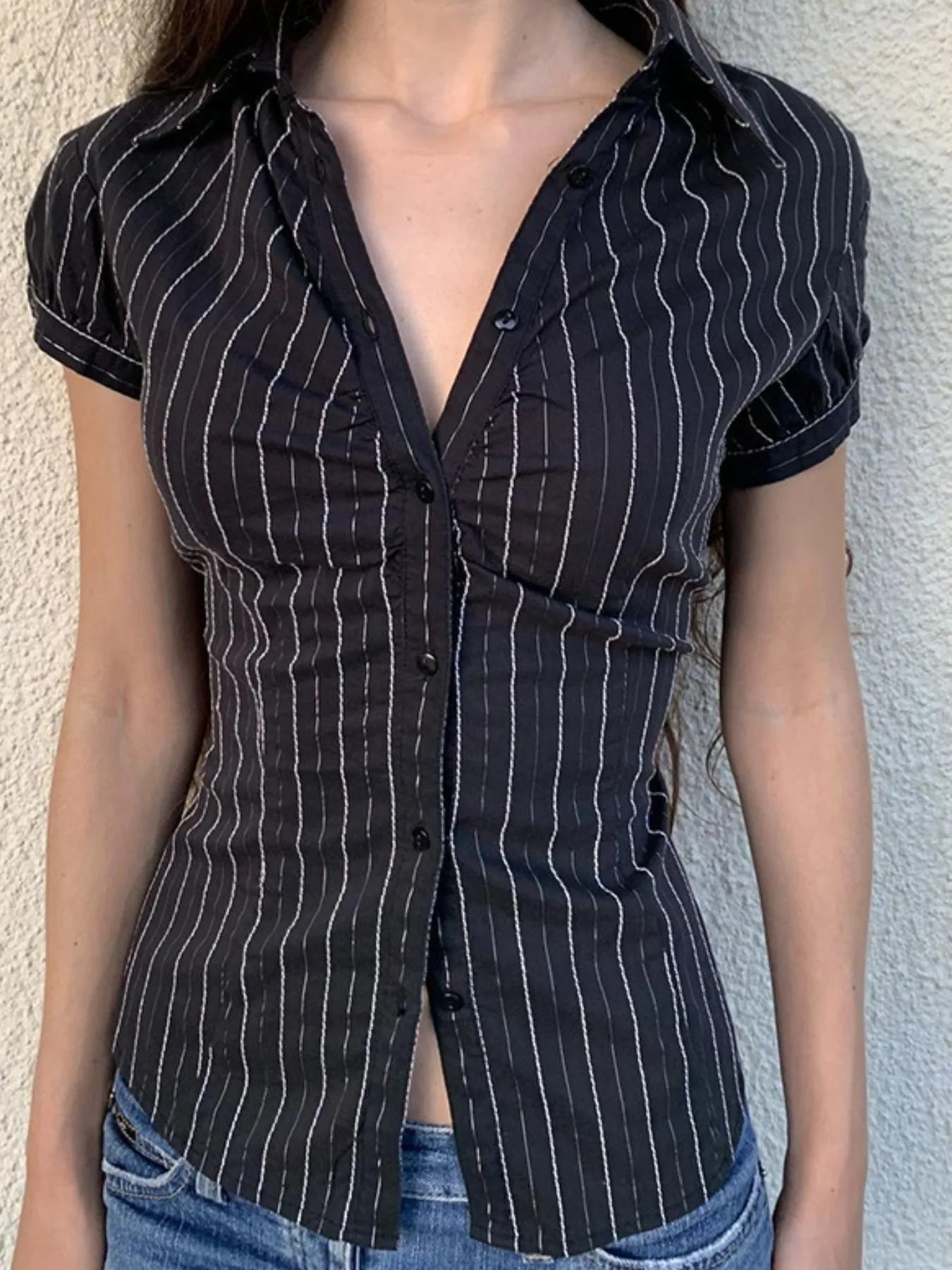 Striped Button-Down Collared Neck Shirt Trendsi