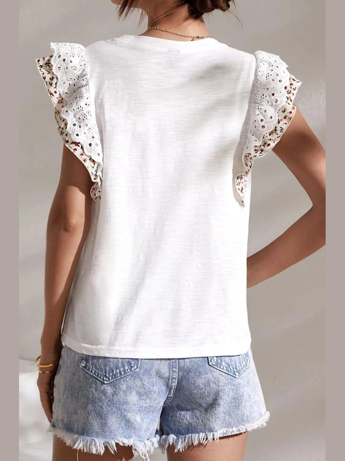 Floral Lace Eyelet Patched Butterfly Sleeve Blouse NicholesGifts