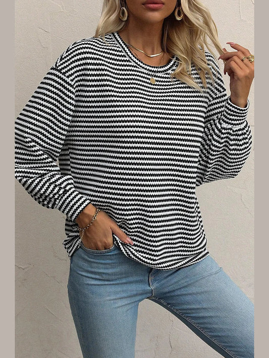 Striped Round Neck Long Sleeve Top nicholesgifts