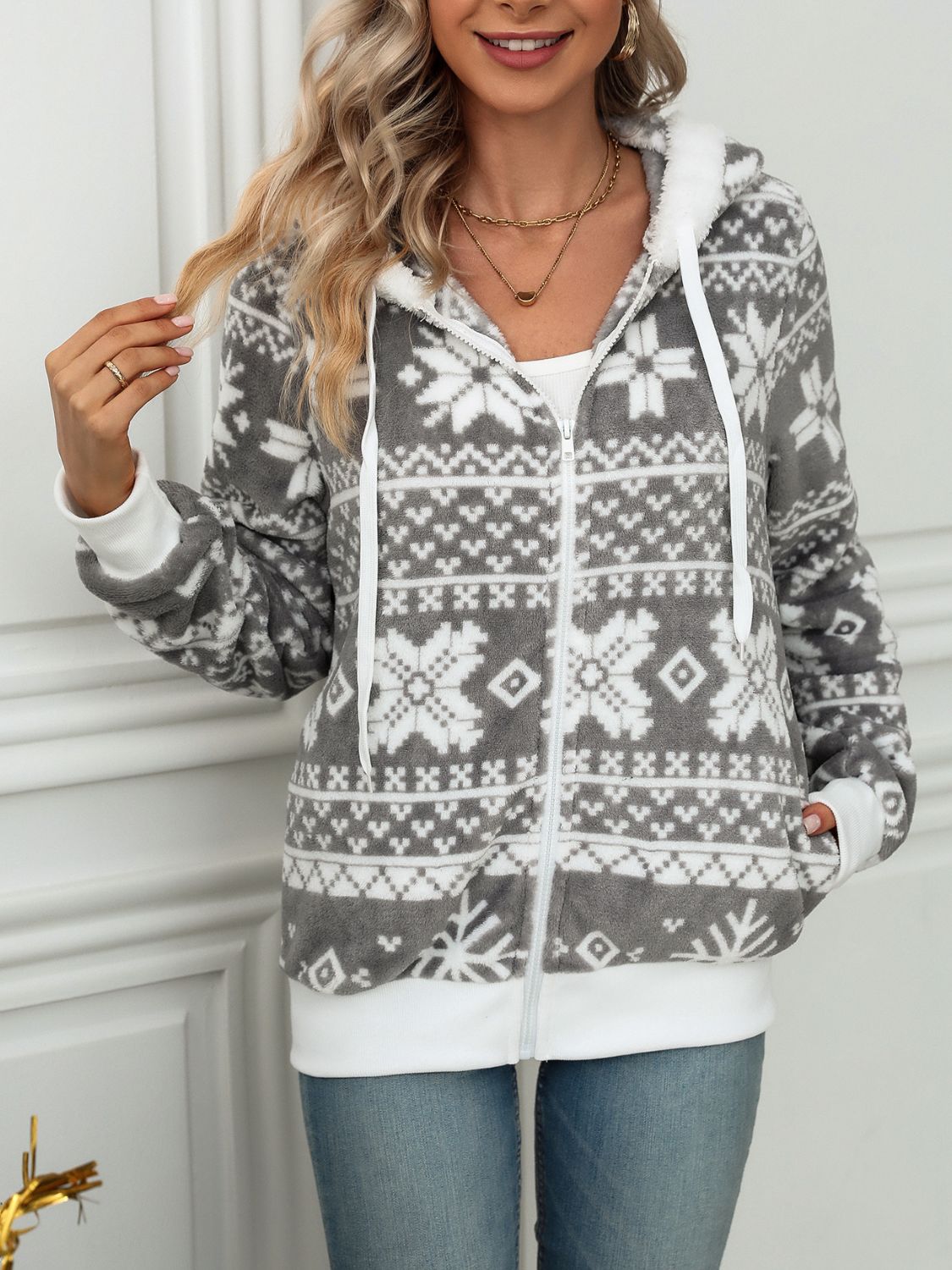 Drawstring Snowflake Zip Up Hooded Outerwear NicholesGifts
